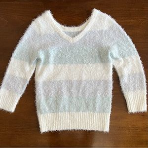 Eyelash Fuzzy Sweater Reversible in Ivory, Light Blue, & Gray, Size XS